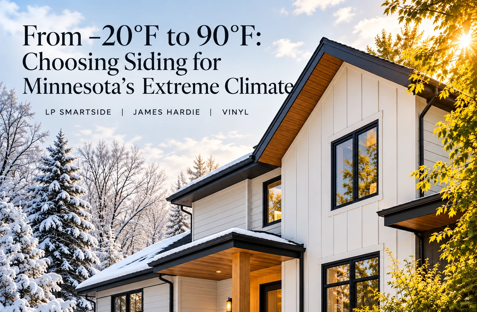 Modern Minnesota home with white board-and-batten siding, shown between snowy winter scenery and warm summer sunlight, illustrating the state's extreme seasonal temperature changes.